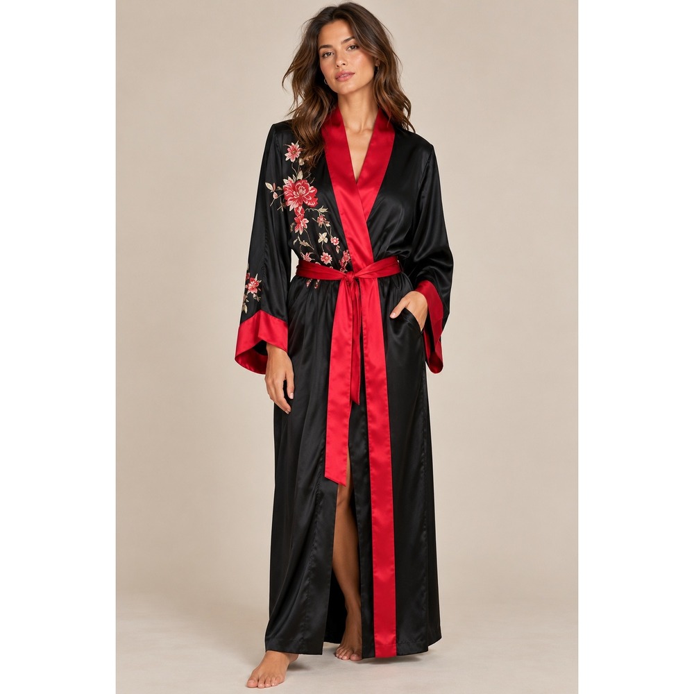 Flora Nikrooz Women Robe Medium Black Red Floral Embroidered Satin Maxi Kimono